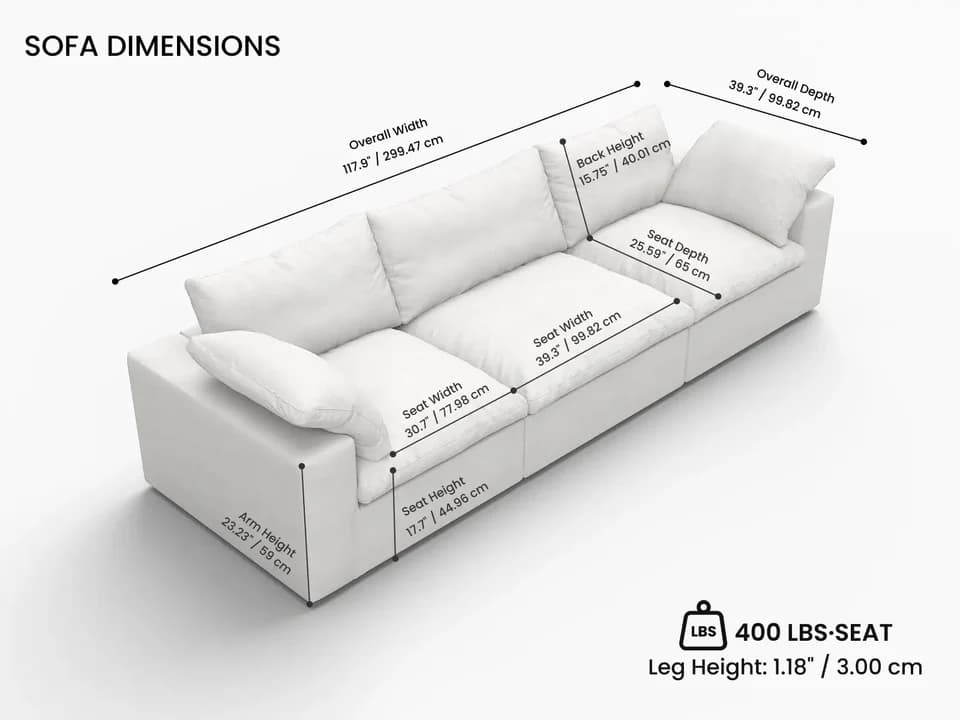 Deluxe Cloud 3-Seater White Washable Couch Sectional size chart